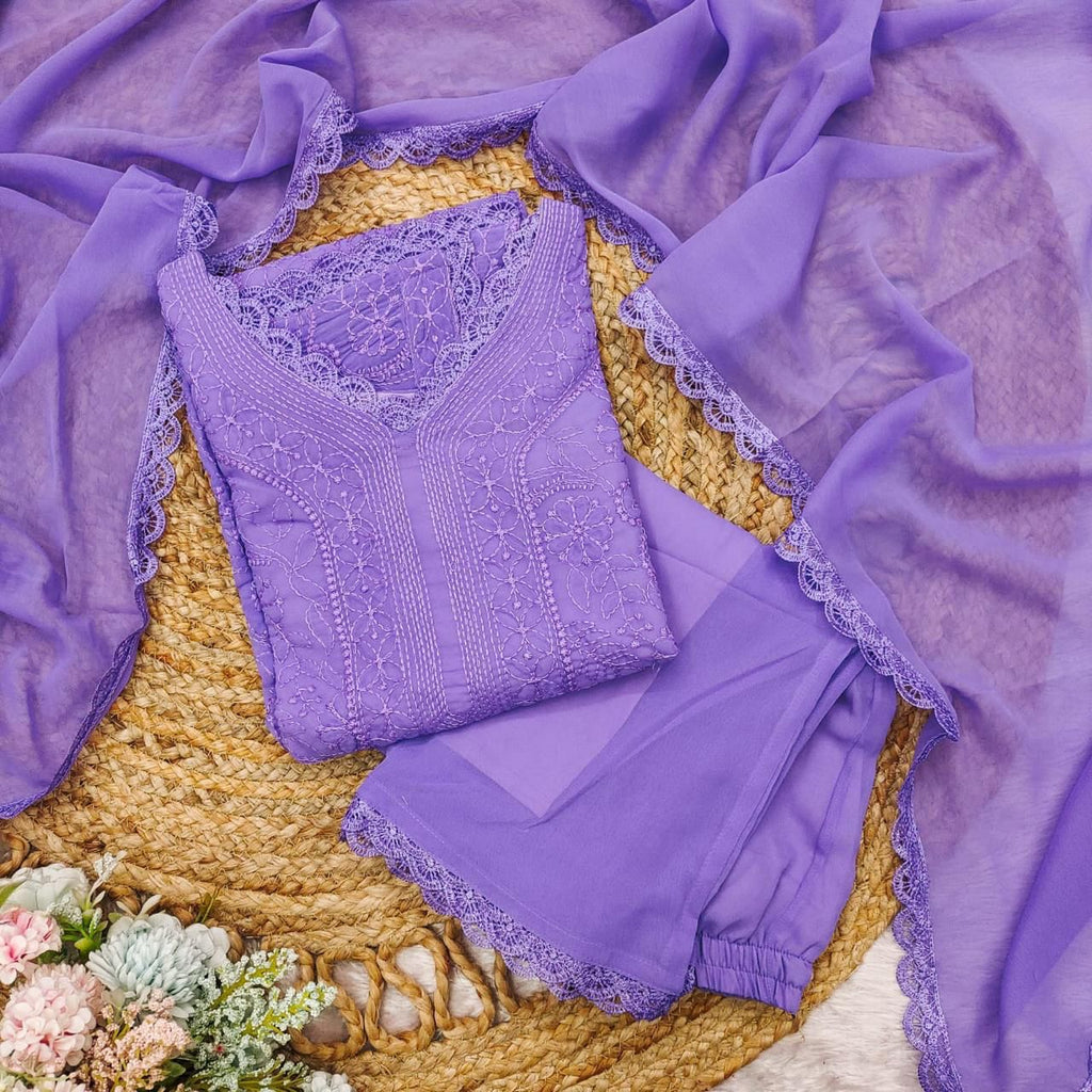 Lavender Georgette Chikankari Embroidery Kurta With Pant And Dupatta For Women